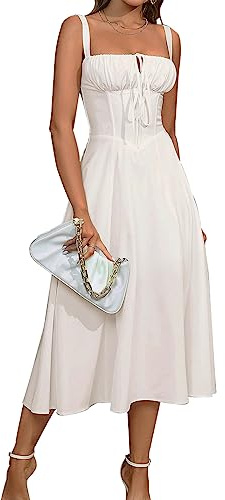 Wedding Guest Dresses for Women Midi Corset Lace Up A Line Dress Solid Flowy Slit Going Out Sundress for Tea Party