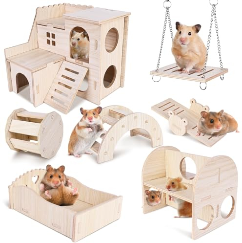 Vegena 7-teiliges DIY Hamster Kauspielzeug aus Holz - Meerschweinchen Spielzeug mit Glockenrolle, Brücke, Wippe und Schaukel für Rennmäuse, Zwerghamster, Chinchillas