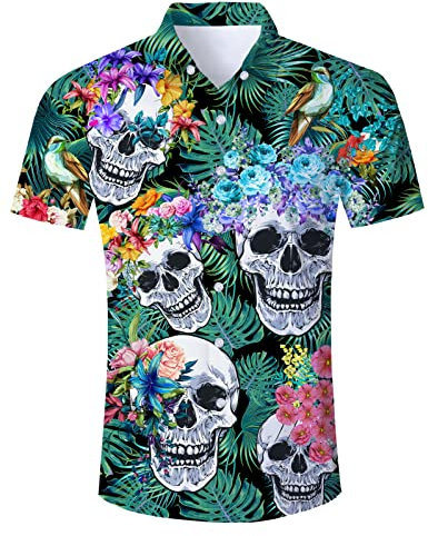 AIDEAONE Herren Aloha Hawaiihemden Hemden Kurzarm Knopf Hemd mit Totenkopf