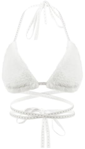 Moonlove Women Rave Bra Top Strappy Halter Crop Top Triangle Fluffy Lingerie Bralette Faux Fur Camisole Tanks Festival Party Dance Hot Clubwear