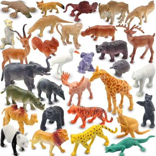 Pinowu Realistisch Mini Wild Zoo Tiere Figuren Spielzeug 32 Stück Geschenkset Für Bildung und Partygeschenke, Plastik Wald Safari-Tiere Löwe, Nilpferd, Tiger, Bär usw