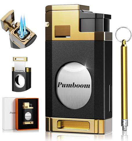 Pumboom Triple Jet Torch‑Feuerzeug mit Guillotine‑Schneider, Zugverstärker‑Werkzeug, Geschenk für Männer, nachfüllbares Butan‑Feuerzeug, windfestes für Reisen, den Außenbereich Schwarz‑Gold