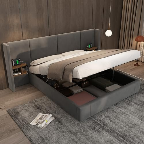 Upholstered Bed Frame with Wingback Wide Headboard & 2 Bedside Tables, 6ft Super King Size Hydraulic Gas Lift Bed with Sockets & USB Charging, Velvet Functional Ottoman Storage Bed, No Mattress, Grey