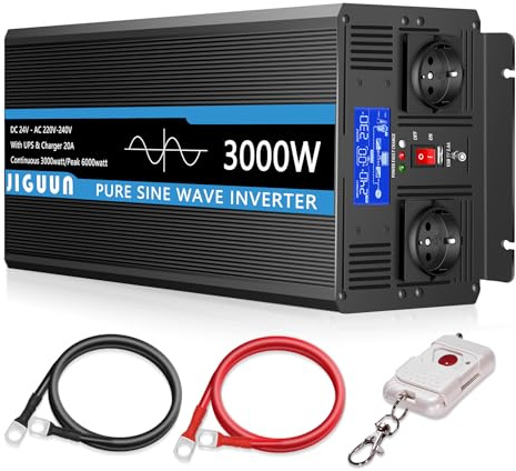 JIGUUN 3000W Wechselrichter Reiner Sinus Spannungswandler 24v 230v Mit 20A-Ladegerät und Netzvorrangschaltung und USV, 2 EU Steckdosen，Kabellose Fernbedienung und LCD-Anzeige