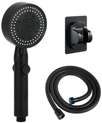 Doccetta per doccia nera con 6 modalità di spruzzo, tubo flessibile da 1,5 m e supporto incluso. Risparmio d'acqua, pratica e ad alta pressione. Soffione doccia alta pressione