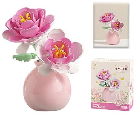 Caelura Klemmbausteine Blumen, Romantische Rosen Bausteine mit Plastikvase – Kreative Heimdekoration, Geschenkidee für Valentinstag, Hochzeit oder Muttertag