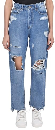 SmartLiving Women's Casual Style High-Waisted Torn Hem Rip Mom Jeans (UK, Numeric, 12, Regular, Regular, Mid Wash)