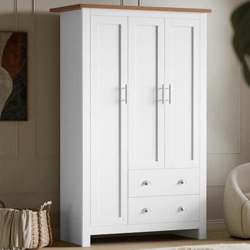 Blisswood Bedroom Wardrobe with 2 Drawers – White 3 Door Wooden Wardrobe with 5 Shelves & Hanging Rail, Clothes Organiser Cupboard Unit, Triple Wardrobe for Bedroom Furniture White & Oak