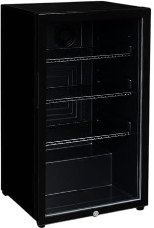 Mini Armoire à Boissons 92L – Réfrigérateur Compact Ventilé – Température 0/+10°C – 3 Étagères Réglables – Porte avec Serrure – Éclairage LED – Gaz R600a – Pieds Réglables – Couleur Noire – 230V