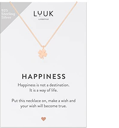 LUUK LIFESTYLE Halsband i 925 Sterling Silver med klöverhänge och ett inspirerande HAPPINESS-kort, lyckoamulett, vänskapsgåva, damsmycken, rosé