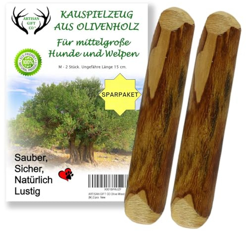 ARTISAN GIFT CO Natural Olive Wood Long Lasting Dog Chew, Puppy Teething Toy, Saving Pack 2 Sticks (Medium) 15cm