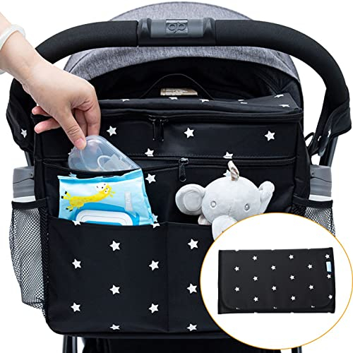 Orzbow XL Buggy Organizer Taschen,22 L Großer Kinderwagen Windel Organizer mit Getränkehaltern, Schulterriemen,2 Haken und Tragbare Wickelunterlage für Unterwegs Handtasche & Schultertaschen (Schwarz)