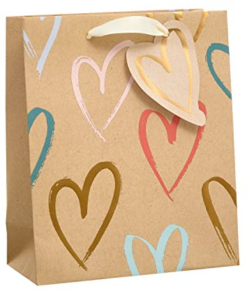 UK Greetings | Medium Gift Bag | Party Bags for Presents | Birthdays/Weddings/Mother's Day | Kraft Hearts Design | 19 x 22.9 cm