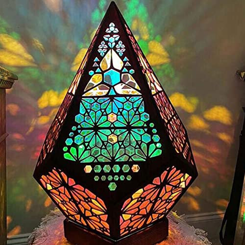 Lampada a mosaico bohemien, lampada da terra in legno marocchino fatta a mano bohemien luce notturna cava geometrica retrò lampada decorativa da pavimento stellato lampada di proiezione 3D