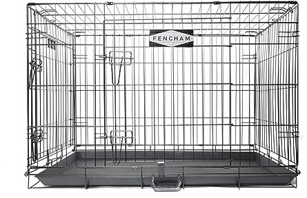 Fencham - Large Dog Crate - 36 - Durable & Secure Metal Cage- with Moveable Carry Handle - 2 Lockable Doors - Folds Flat - Removable Tray - Quick & Easy to Assemble - Ideal for Small Dog Breeds