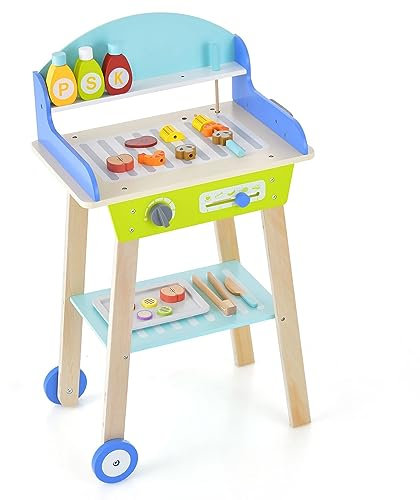 GYMAX Kids Barbecue Playset, Wooden Kid’s Pretend BBQ Grill Play Set with Play Food, Grilling Tools, Wheels & Storage Space, Children Realistic Pretend Kitchen for 3 Years Old + Boys Girls