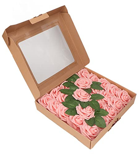 OKJHFD Künstliche Blumen, Echt Aussehende Rosen, 25 Stück, Weiche Kunstrosen Mit Blättern, Schaumrosen, Seidenblumen, Geschenkbox Für DIY Hochzeitssträuße, Braut(Rosa)