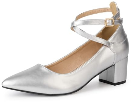 Plilima Zapatos Tacón Alto Mujer Correa en el Tobillo Correas Cruzadas y Puntera Cerrada Zapatos de Salón Clásicos Bombas Bodas y Fiestas (Plateado,43)