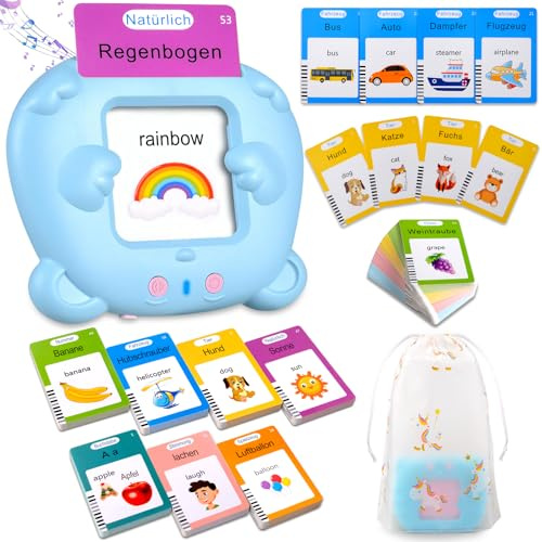 Sprechende Flash-Karten, Standard Deutsch-255 Blätter 510 Wörter, Sprechende Flash Karten Lernspielzeug für Kleinkinder 2-4 Jahre Alt, Interaktive Spielzeug für Jungen Mädchen Blau (mit Musikmodus)