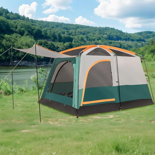 GYMAX Tente de Camping Pliable pour 4-6 Personnes, Tente Portable avec Grand Pare-Soleil Avant et Séparateur Intérieur de 2 Pièces, Fenêtre Maillée et 2 Portes Latérales Grillagées Enroulables