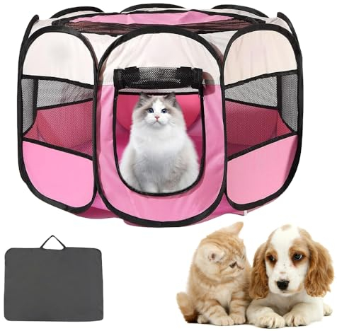 Hojalis Welpenlaufstall, Tierlaufstall Faltbar, Oxford Wasserdichter Pet Laufstall, Abnehmbares Dach, Hundelaufstall, Welpenlaufstall Hundehütte für Innen- und Außenbereich, 74x74x43cm（Rosa）