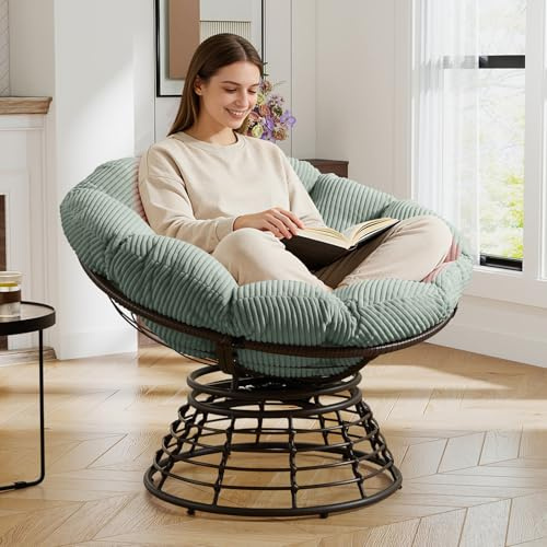 Papasan Chair with Cushion and Frame, 360° Swivel Wicker Accent Chair, Comfy Corduroy Upholstered Round Modern Oversized Reading Lounger with Metal Base Lazy Chair for Bedroom, Living Room,Light Green