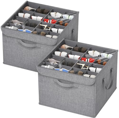 Lifewit Organizador de Zapatos para Armario, Divisores Ajustables para Almacenamiento de Zapatos, Cajas de Almacenamiento Plegables con Cubierta Transparente, Gris Claro, 2 Paquete para 8-32 Pares