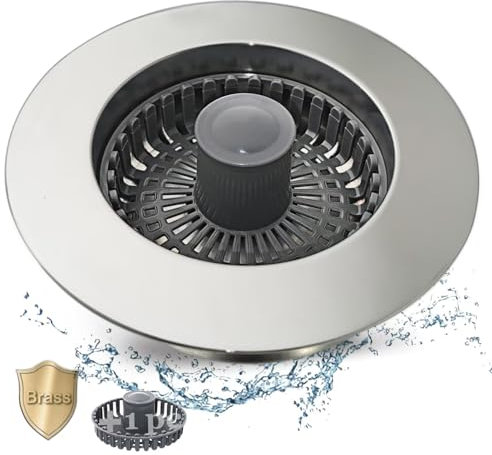Anlige 3-in-1 Pop-Up Kitchen Sink Stopper, Brass Material, Silver Finish, Universal 3-1/2 Inch, Silver