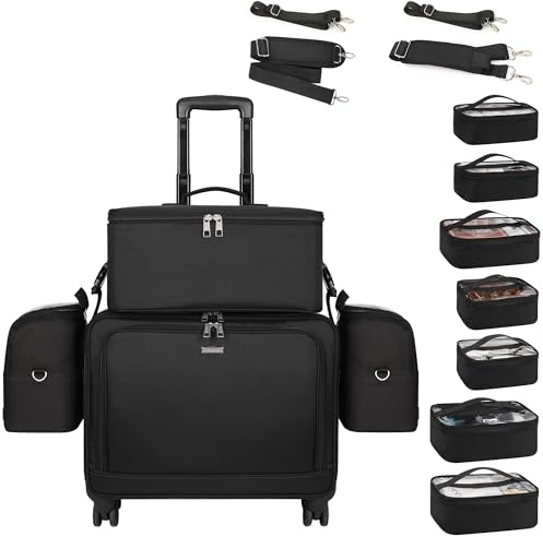 Valise cosmétique professionnelle 4 en 1 à roulettes - Grande mallette de maquillage noir