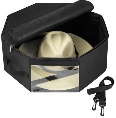 Bamneat Hat Box for Travel & Home Closet Storage, Side Reinforced Octagonal Case, Crush-proof, Dust-proof for Cowboy, Panama & Fedora Hats, Black