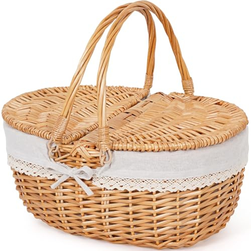 HappyPicnic Panier de pique-nique en osier avec poignée, grand panier de pique-nique vide de 38 cm avec couvercle et doublure amovible, panier tissé à la main vintage pour pique-niques, camping