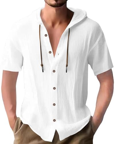 PRIVIMIX Chemise pour Hommes Manches Courtes Boutonnée Chemises à Capuche Lin Coton Regular Fit Été Plage Shirt Blanc M