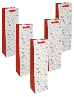 SIGEL GT134 - Sacchetto regalo con bottiglia, colore: bianco/oro/rosso, rami di abete, con inserto inferiore e manici in seta coordinati, in plastica, cartone bianco, 10 x 35 x 8 cm, 5 pezzi