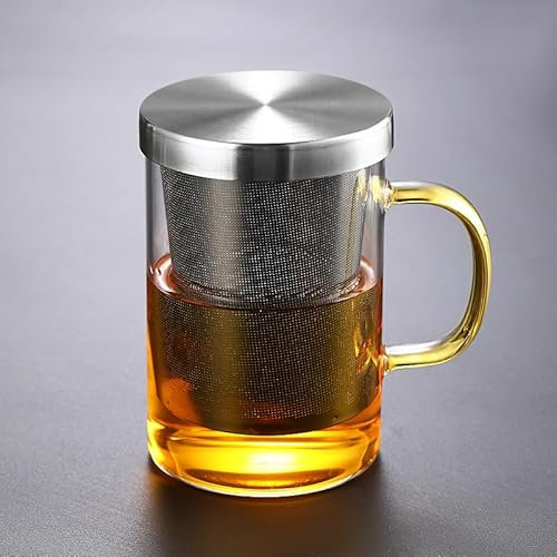 Taza Te 450 ml Vidrio, Taza Infusiones con Tapa y Filtro Gran Capacidad, Taza de Té Filtro de Acero Inoxidable, Un Buen Recipiente de Té, Más Agradable Degustación de Té (Asa Amarilla)