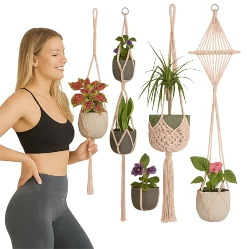 Emotionlin Set med 4 stycken hängande blomkrukor, makramé-blomkrukor, boho-dekoration, blomkruka, hängande blomkrukor, 10–25 cm, bomull, för balkong, fönster, vardagsrum och hängande växter