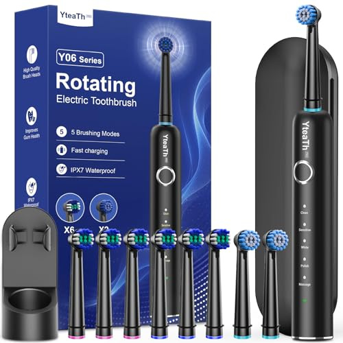 Cepillo de Dientes Eléctrico de Rotación Adultos para Dientes Sensibles - Cepillo Electrico con 8 Cabezales, Estuche de Viaje, 5 Modos, IPX7, Cepillo Dientes Electrico Viaje Recargable, Negro Profundo