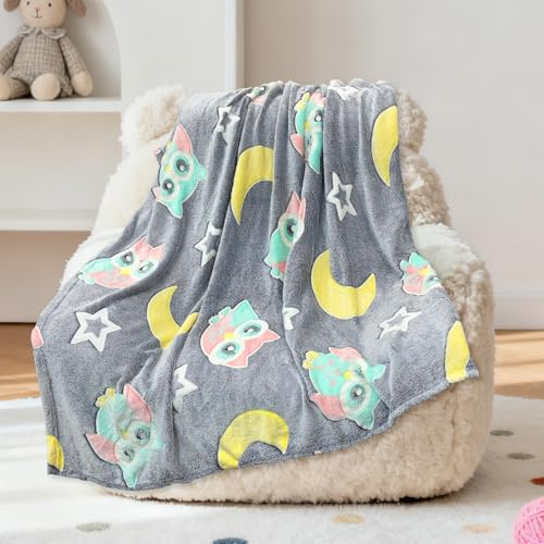 Enhörningsfilt gosig filt – 120 x 150 cm filt enhörning lyser i mörkret, varmt och fluffigt barnfiltar för 1–10 år flickor och pojkar – mjuk levande filt för gåva (uggla, 120 x 150 cm)