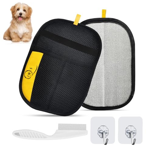 Q Lines Pet Hair Removal Glove 2 Pack – Reusable Electrostatic Dog & Cat Grooming Gloves – Double Sided Deshedding Pet Glove For Furniture, Bed, Carpet, Clothes, Sofa – Includes 2x Hooks and Comb