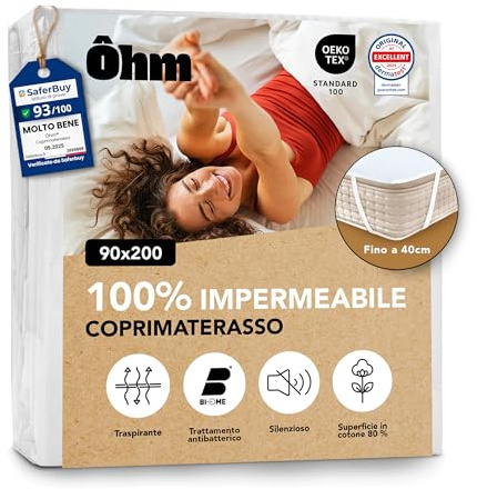 Ôhm Matratzenschoner 90x200 cm wasserdicht, atmungsaktive Baumwoll-Auflage, Schutz für Allergiker, Inkontinenz und Kinder, Anti-Milben, Elastikbänder bis 40 cm, Oeko-Tex