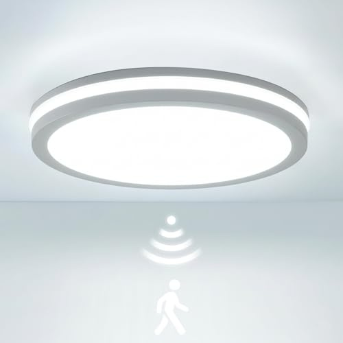 LEZOE Lámpara de techo LED con detector de movimiento IP65 impermeable, 24W/30W 4500lm 150(Lm/W), sensor 3000K/4000K/6500K Ideal para baño, garaje, sótano, pasillo, balcón, entrada Ø26cm Blanco
