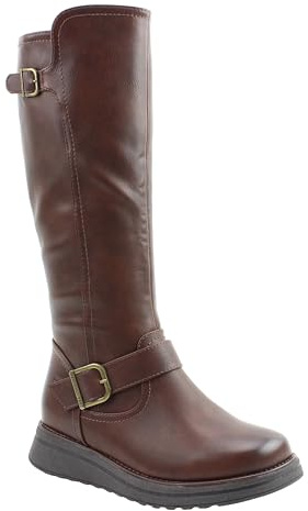 Heavenly Feet Rubymae2 Wide Calf Knee High Boots, Vegan Friendly Ladies Tall Boots with Adjustable Buckles, Memory Foam Insole & Stretch Panels, Black Curvy Fit Long Boots for Women, Chocolate Size 6