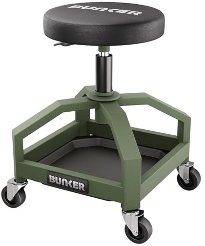 Bunker Adjustable Work Stool with Wheels – Heavy Duty Steel Frame, Pneumatic Height 580–780mm, 360° Swivel Padded Seat, Tool Tray, Garage Mechanic Seat 130kg Capacity