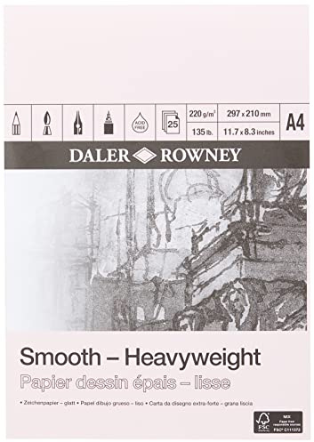Daler-Rowney Smooth 220gsm A4 Heavyweight Drawing Paper Pad, Glued 1 Side, Acid-free, 25 Natural White Sheets, Ideal for Professional Artists & Students