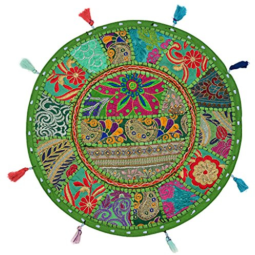 Stylo Culture Indisch Dekorativ Rund Bodensitzkissen Meditation 45x45 cm Klein Bodenkissen Pouf Vintage Papagei grün Boho Patchwork Wohnzimmer Baumwolle Bestickt Boden Sitzkissen Kinder