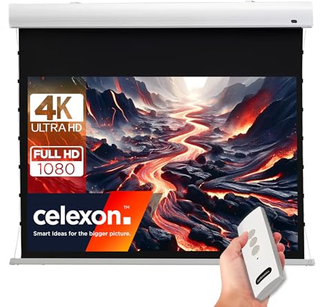 celexon HomeCinema Tension-Motor-Leinwand 90 | 200x113 cm 16:9 | elektrische 4K, Full-HD Beamer-Projektions-Leinwand mit Seilspannsystem für eine optimal Ebene Planlage | zur Decken-/Wand-Montage