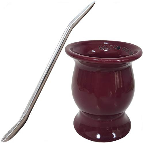 Gaucho Bruno Ensemble Paille et Tasse Mate Yerba - Gobelet en céramique Tasse traditionnelle en forme de calebasse, Bombilla en acier inoxydable Paille à boire