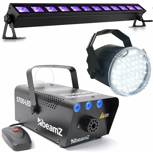 BeamZ Halloween Effekt Set – Nebelmaschine 700W mit Eis-Effekt + LED Stroboskop & LED Blacklight Bar – Party Nebelmaschine mit Licht für Halloween, Disco, DJ & Partybeleuchtung, Partygadgets