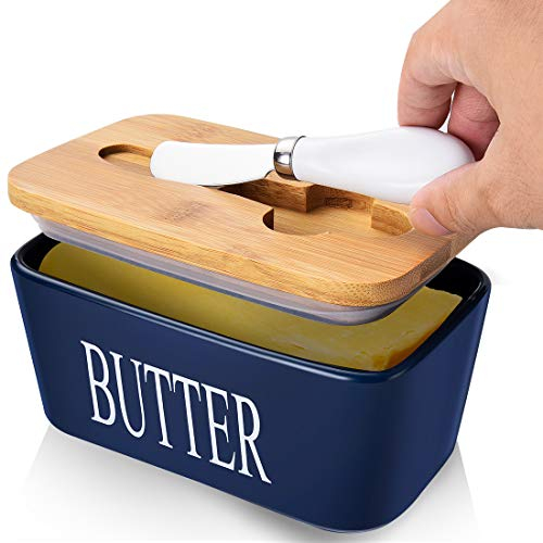 Large Butter Dish with Lid, Porcelain Butter Container with Knife Holds 2 Sticks of Butter with Double Silicone Seals design, Ceramic Butter Dish with Covers Perfect for East West Coast Butter,Blue