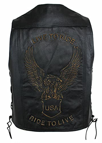 Gilet en cuir EURO STARS pour homme avec bouton-pression et aigle beige en relief, veste en cuir pour moto, veste en cuir pour motard, veste de club, veste en cuir Chopper, veste de rocker, veste en