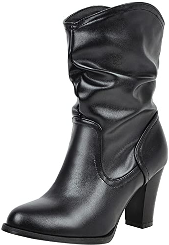 Lroey Reoly Bottines À Talon Bloc Femme, Bottes D'Hiver Mode A Enfiler Bottes Courtes Talons Hauts Bout Rond Bottes Slouch 503 Noir Taille 46 EU